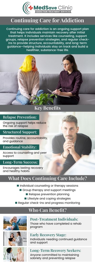 Continuing care is essential for long-term addiction recovery, and at MedSave Clinic, we provide personalized support to help individuals maintain sobriety and rebuild their lives. Dr. Randall Colucci offers comprehensive aftercare programs that include counseling, medical monitoring, and relapse prevention strategies. Our goal is to ensure sustained recovery by addressing the physical, emotional, and mental aspects of addiction. For more information, contact us or request an appointment online. We are conveniently located at 246 E Campus View Blvd, Columbus, OH 43235.