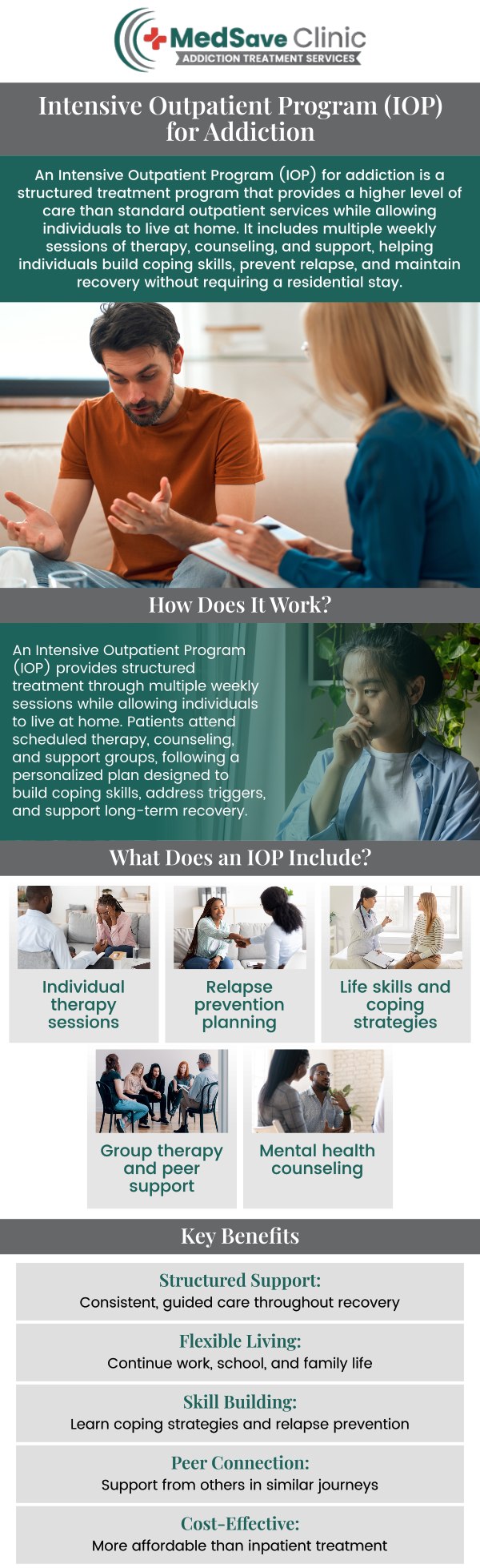 What is an Intensive Outpatient Program (IOP) for addiction? How does an IOP differ from inpatient treatment? What are the benefits of an Intensive Outpatient Program for addiction? How long does an IOP for addiction last? For more information, contact us or request an appointment online. We are conveniently located at 246 E Campus View Blvd, Columbus, OH 43235, serving patients from Columbus OH, Flint OH, Galena OH, Powell OH, Westerville OH, and the surrounding areas.